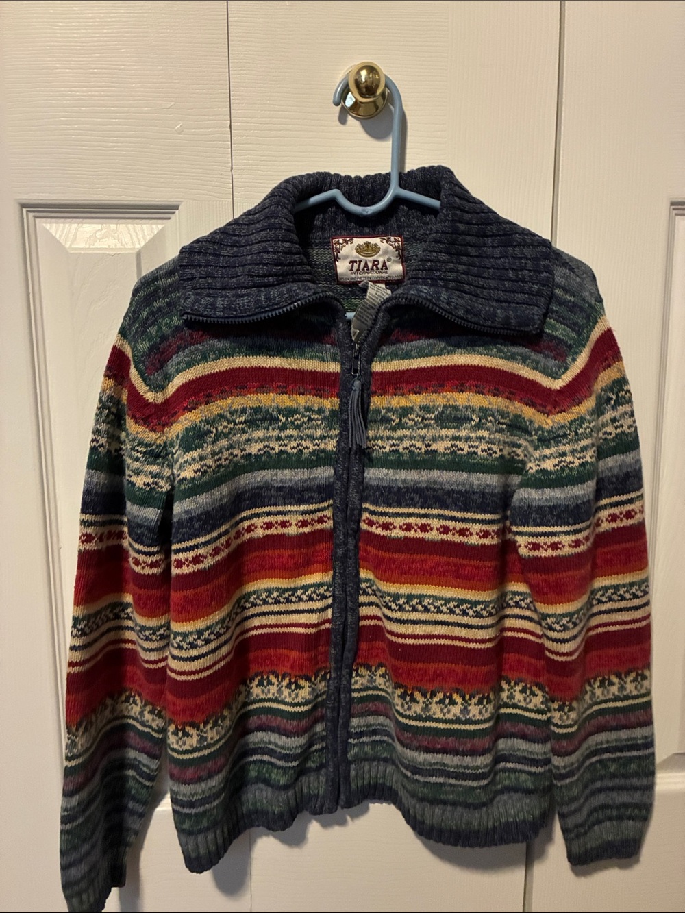 VTG 90s Tiara International, Red, Green, Cream Striped Zip-Up Sweater